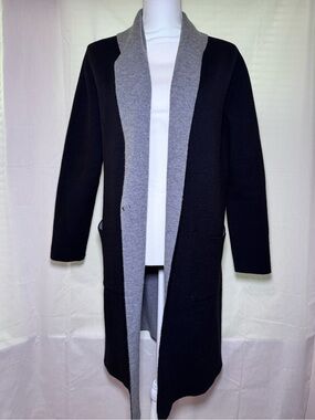 Long Open-Front Shawl Collar Cardigan Sweater - Black/Gray